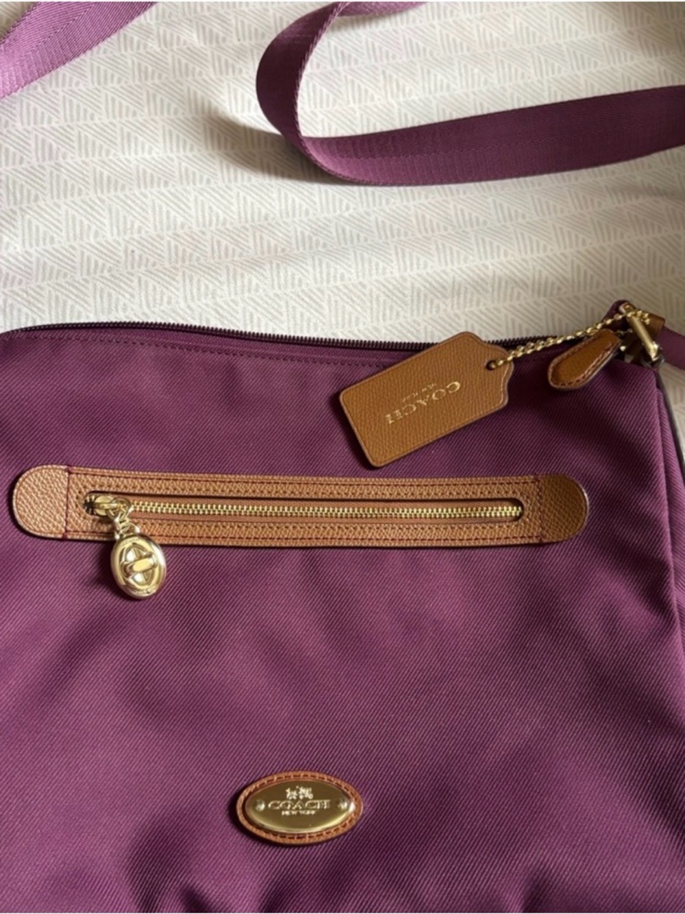 Coach Plum Crossbody Bag with Tan Leather and Gold Hardware